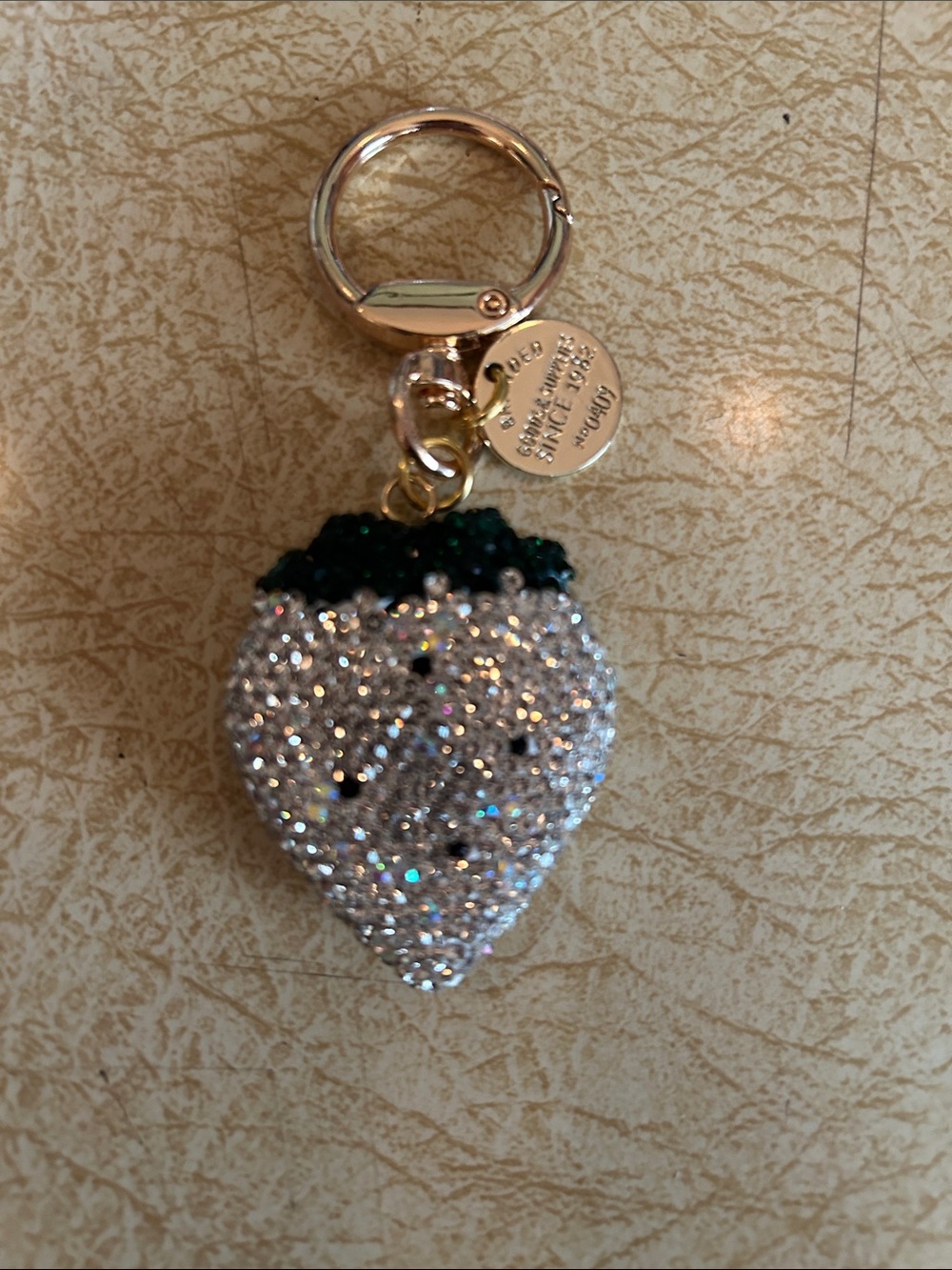 White Beaded Strawberry Key Chain/ Bag Charm with Green Top